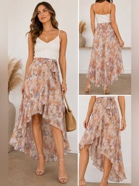 Madison + Hudson Abstract Floral Ruffle Wrap Midi Skirt Size M